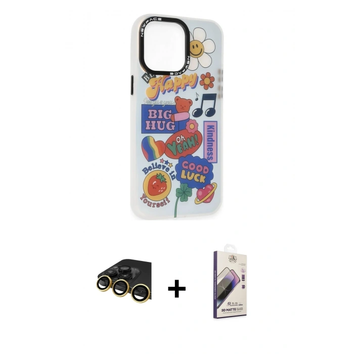 MARSİLYAN™- iPhone 14 Pro Max Kılıf Siluet Çizgi Koleksiyonu - Siyah Bilvis 3D Mat Cam Ekran Koruyucu + Raze Metal Kamera Lens - GD