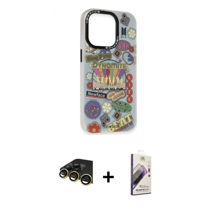MARSİLYAN™- iPhone 14 Pro Max Kılıf Siluet Çizgi Koleksiyonu - Siyah Bilvis 3D Mat Cam Ekran Koruyucu + Raze Metal Kamera Lens - GD