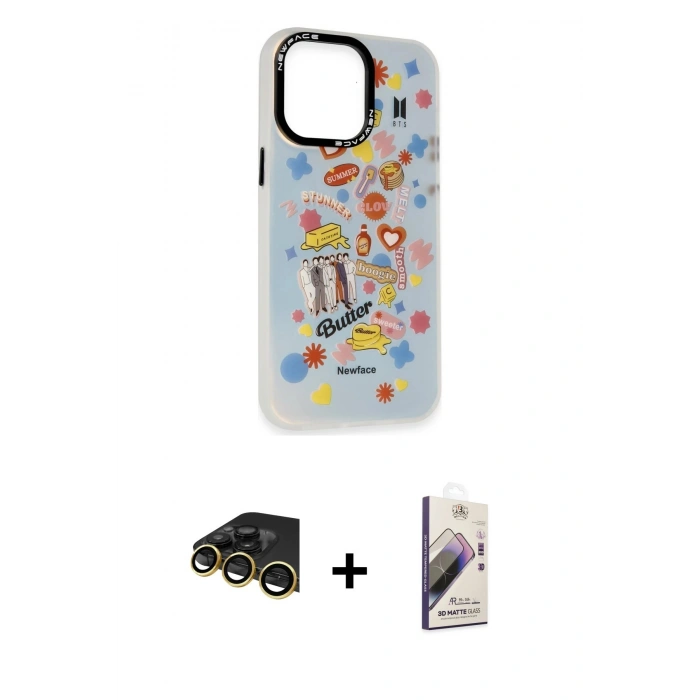 MARSİLYAN™- iPhone 14 Pro Max Kılıf Siluet Çizgi Koleksiyonu - Siyah Bilvis 3D Mat Cam Ekran Koruyucu + Raze Metal Kamera Lens - GD