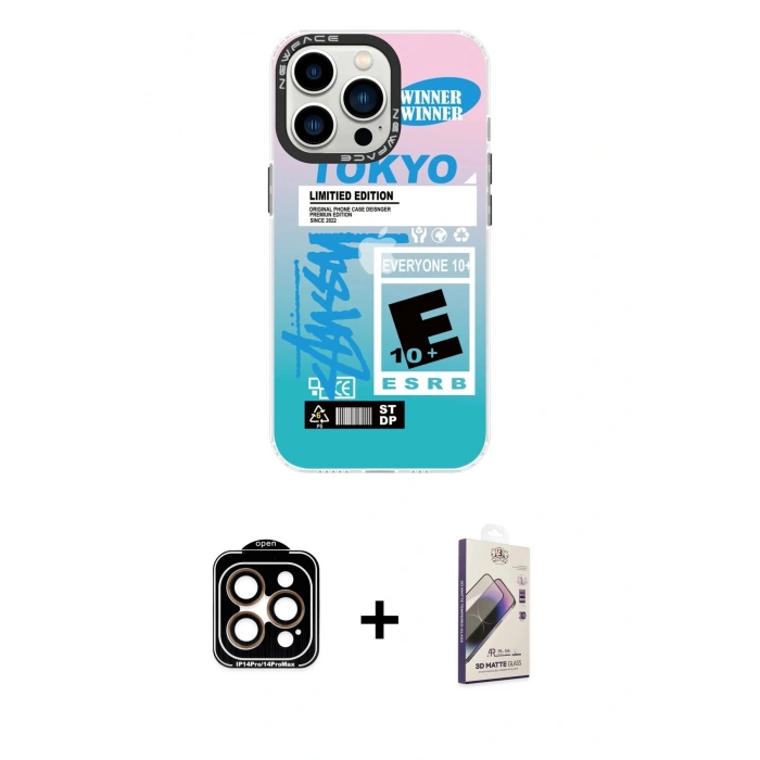 MARSİLYAN™- iPhone 14 Pro Max Kılıf Siluet Çizgi Koleksiyonu - Siyah Bilvis 3D Mat Cam Ekran Koruyucu + PVD Metal Kamera Lens - TU