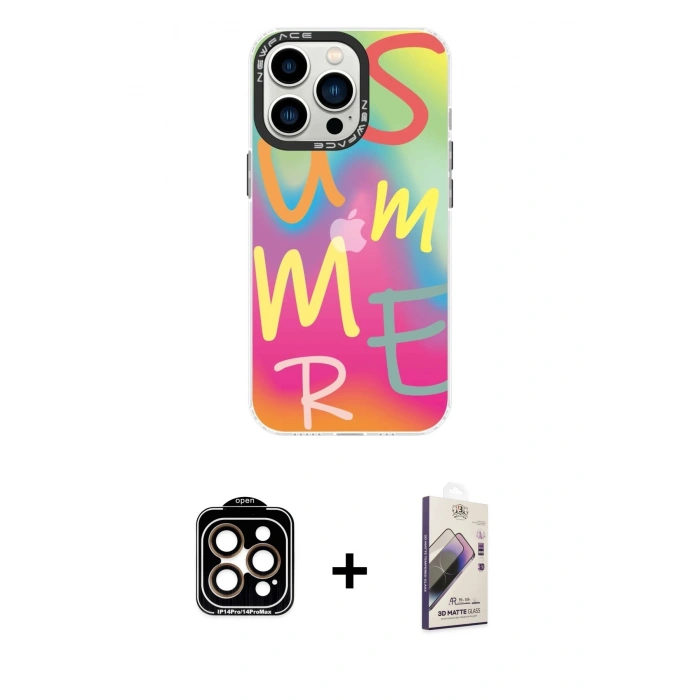 MARSİLYAN™- iPhone 14 Pro Max Kılıf Siluet Çizgi Koleksiyonu - Siyah Bilvis 3D Mat Cam Ekran Koruyucu + PVD Metal Kamera Lens - TU