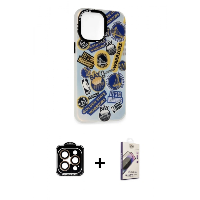 MARSİLYAN™- iPhone 14 Pro Max Kılıf Siluet Çizgi Koleksiyonu - Siyah Bilvis 3D Mat Cam Ekran Koruyucu + PVD Metal Kamera Lens - TU