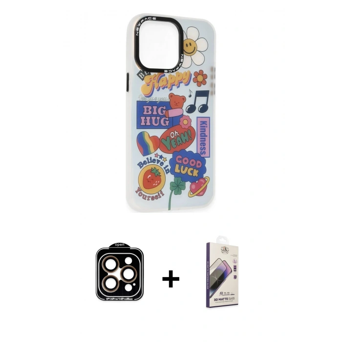MARSİLYAN™- iPhone 14 Pro Max Kılıf Siluet Çizgi Koleksiyonu - Siyah Bilvis 3D Mat Cam Ekran Koruyucu + PVD Metal Kamera Lens - TU