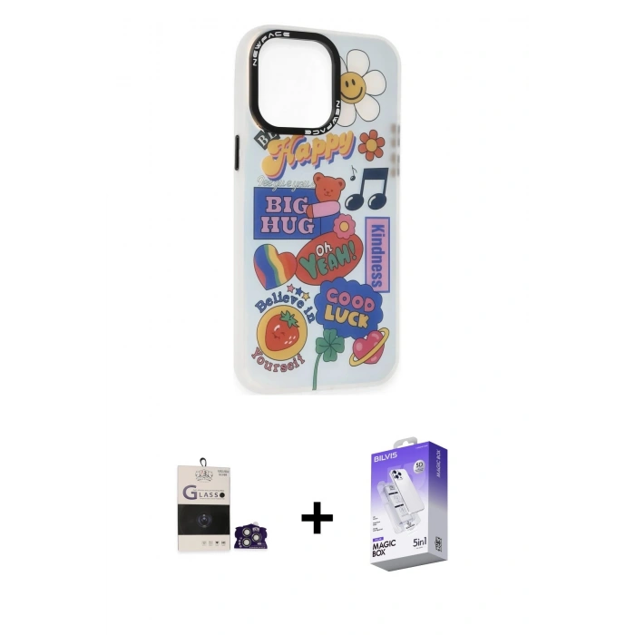 MARSİLYAN™- iPhone 14 Pro Max Kılıf Siluet Çizgi Koleksiyonu - Siyah Bilvis 5in1 3D Magic Cam Ekran Koruyucu + Gümüş Bilvis Titan Kamera Lens