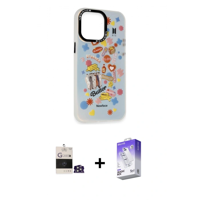 MARSİLYAN™- iPhone 14 Pro Max Kılıf Siluet Çizgi Koleksiyonu - Siyah Bilvis 5in1 3D Magic Cam Ekran Koruyucu + Bilvis Titan Kamera Lens - GS