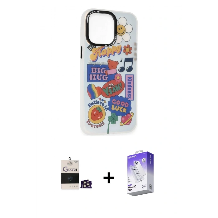 MARSİLYAN™- iPhone 14 Pro Max Kılıf Siluet Çizgi Koleksiyonu - Siyah Bilvis 5in1 3D Magic Cam Ekran Koruyucu + Gold Bilvis Titan Kamera Lens