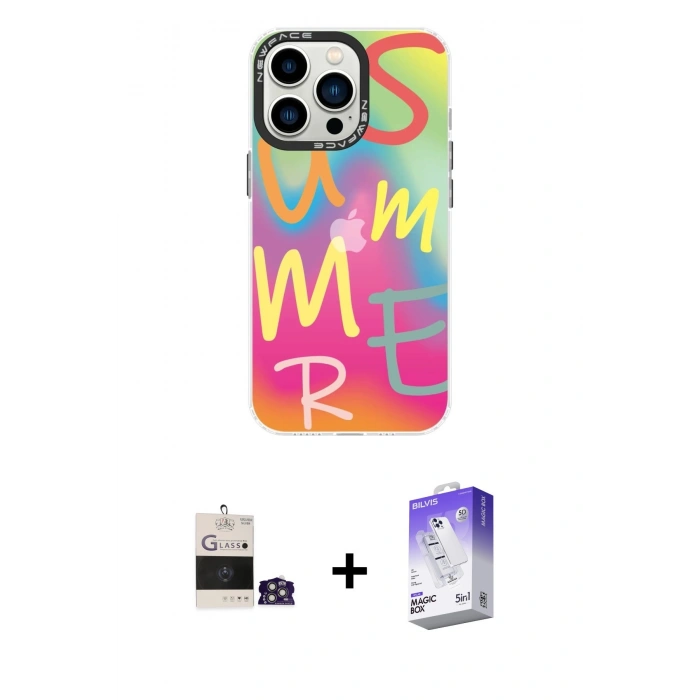 MARSİLYAN™- iPhone 14 Pro Max Kılıf Siluet Çizgi Koleksiyonu - Siyah Bilvis 5in1 3D Magic Cam Ekran Koruyucu + Gümüş Bilvis Titan Kamera Lens