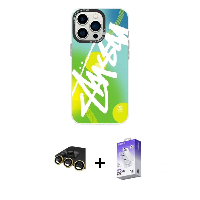 MARSİLYAN™- iPhone 14 Pro Max Kılıf Siluet Çizgi Koleksiyonu - Siyah Bilvis 5in1 3D Magic Cam Ekran Koruyucu + Raze Metal Kamera Lens - GD