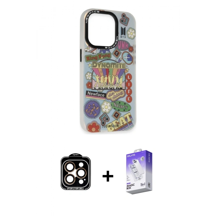 MARSİLYAN™- iPhone 14 Pro Max Kılıf Siluet Çizgi Koleksiyonu - Siyah Bilvis 5in1 3D Magic Cam Ekran Koruyucu + PVD Metal Kamera Lens - TU