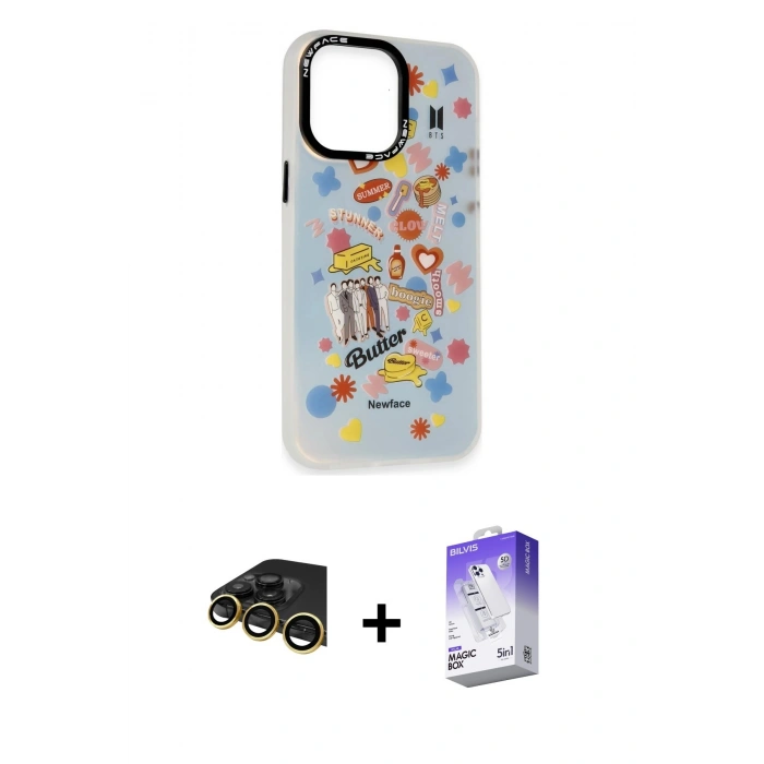 MARSİLYAN™- iPhone 14 Pro Max Kılıf Siluet Çizgi Koleksiyonu - Siyah Bilvis 5in1 3D Magic Cam Ekran Koruyucu + Raze Metal Kamera Lens - GD