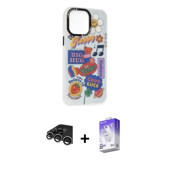 MARSİLYAN™- iPhone 14 Pro Max Kılıf Siluet Çizgi Koleksiyonu - Siyah Bilvis 5in1 3D Magic Cam Ekran Koruyucu + Raze Metal Kamera Lens - GS