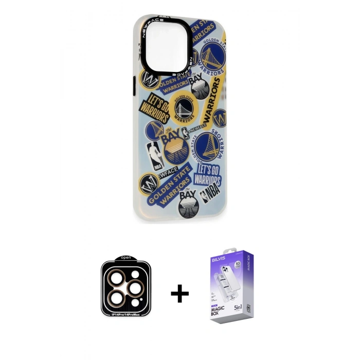 MARSİLYAN™- iPhone 14 Pro Max Kılıf Siluet Çizgi Koleksiyonu - Siyah Bilvis 5in1 3D Magic Cam Ekran Koruyucu + PVD Metal Kamera Lens - TU