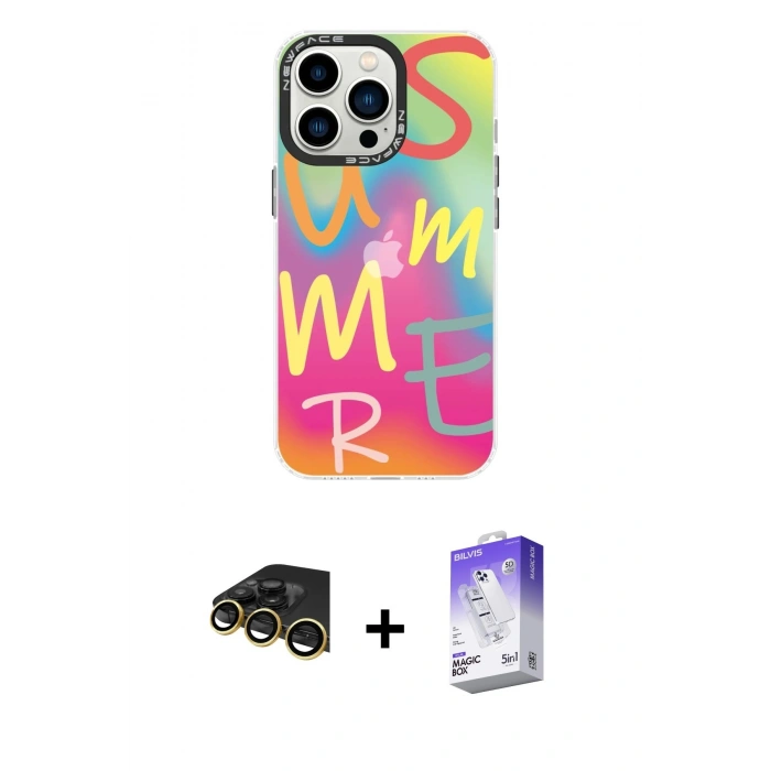 MARSİLYAN™- iPhone 14 Pro Max Kılıf Siluet Çizgi Koleksiyonu - Siyah Bilvis 5in1 3D Magic Cam Ekran Koruyucu + Raze Metal Kamera Lens - GD