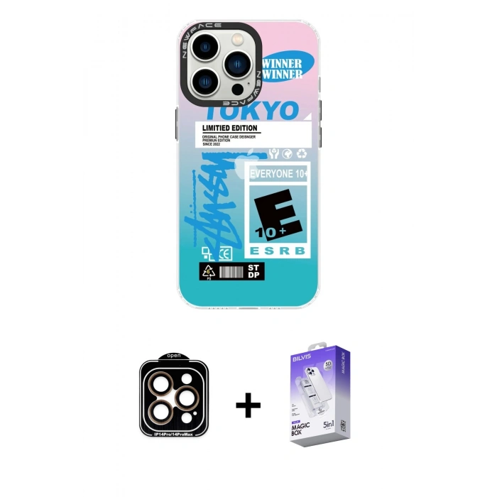 MARSİLYAN™- iPhone 14 Pro Max Kılıf Siluet Çizgi Koleksiyonu - Siyah Bilvis 5in1 3D Magic Cam Ekran Koruyucu + PVD Metal Kamera Lens - TU