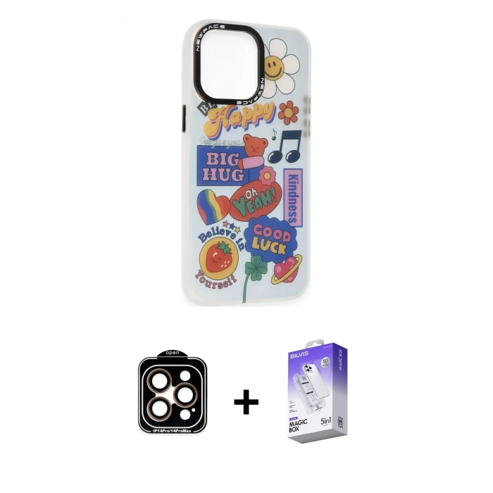 MARSİLYAN™- iPhone 14 Pro Max Kılıf Siluet Çizgi Koleksiyonu - Siyah Bilvis 5in1 3D Magic Cam Ekran Koruyucu + PVD Metal Kamera Lens - TU