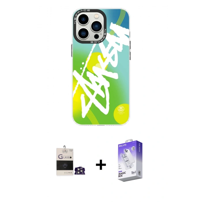 MARSİLYAN™- iPhone 14 Pro Max Kılıf Siluet Çizgi Koleksiyonu - Siyah Bilvis 5in1 3D Magic Cam Ekran Koruyucu + Gümüş Bilvis Titan Kamera Lens