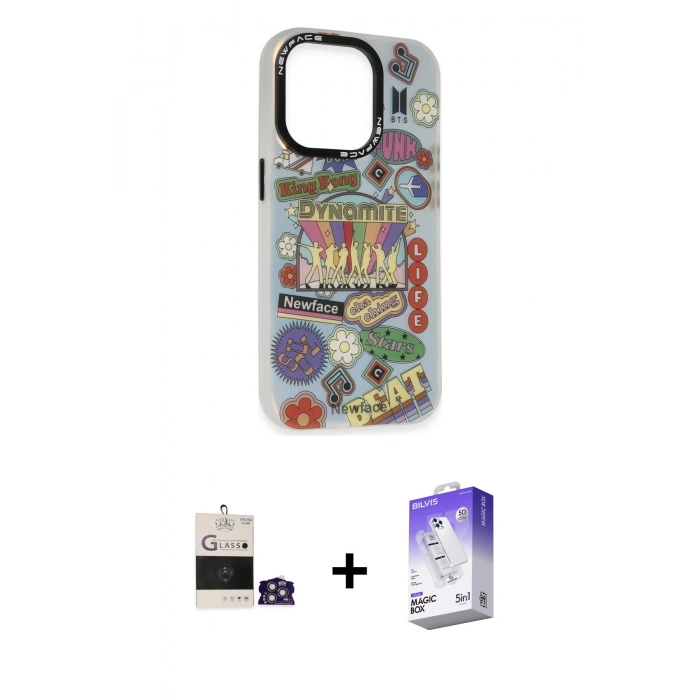 MARSİLYAN™- iPhone 14 Pro Max Kılıf Siluet Çizgi Koleksiyonu - Siyah Bilvis 5in1 3D Magic Cam Ekran Koruyucu + Bilvis Titan Kamera Lens - GS