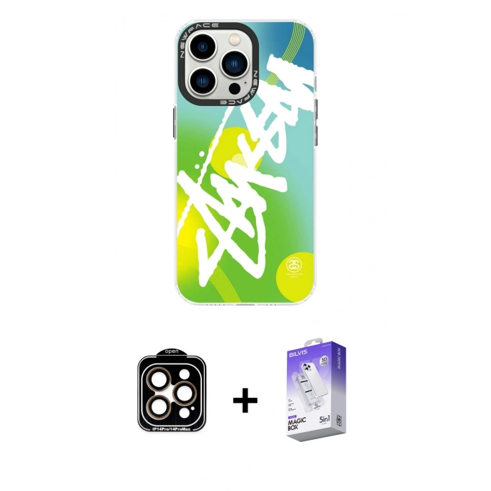 MARSİLYAN™- iPhone 14 Pro Max Kılıf Siluet Çizgi Koleksiyonu - Siyah Bilvis 5in1 3D Magic Cam Ekran Koruyucu + PVD Metal Kamera Lens - TU