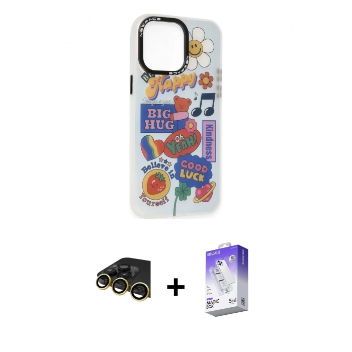 MARSİLYAN™- iPhone 14 Pro Max Kılıf Siluet Çizgi Koleksiyonu - Siyah Bilvis 5in1 3D Magic Cam Ekran Koruyucu + Raze Metal Kamera Lens - GD