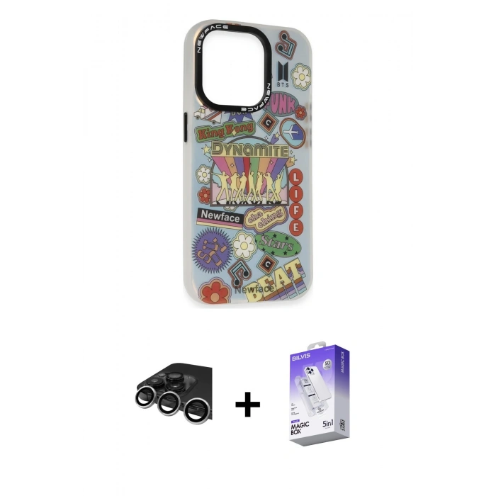 MARSİLYAN™- iPhone 14 Pro Max Kılıf Siluet Çizgi Koleksiyonu - Siyah Bilvis 5in1 3D Magic Cam Ekran Koruyucu + Raze Metal Kamera Lens - GS