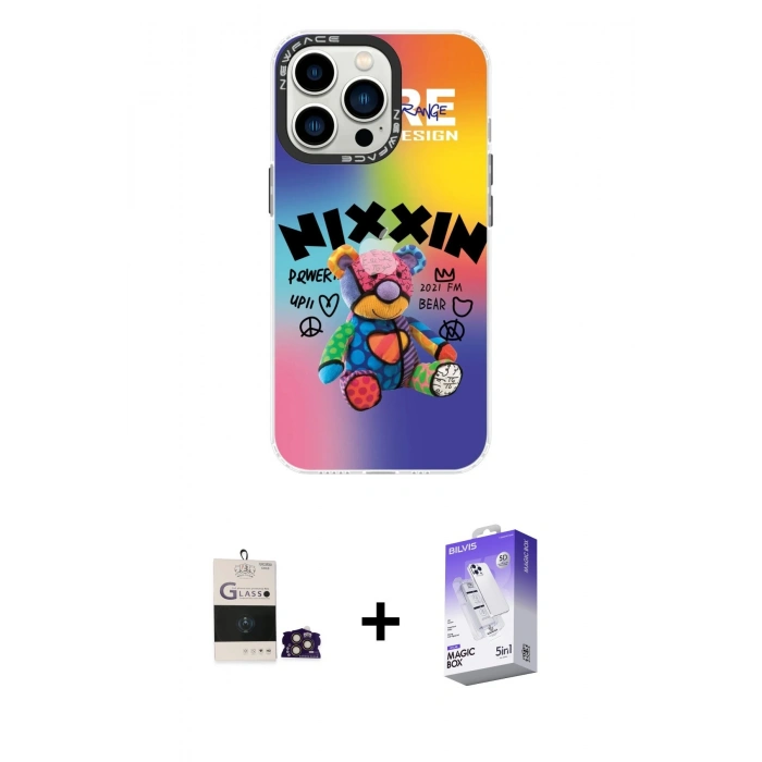 MARSİLYAN™- iPhone 14 Pro Max Kılıf Siluet Çizgi Koleksiyonu - Siyah Bilvis 5in1 3D Magic Cam Ekran Koruyucu + Gold Bilvis Titan Kamera Lens