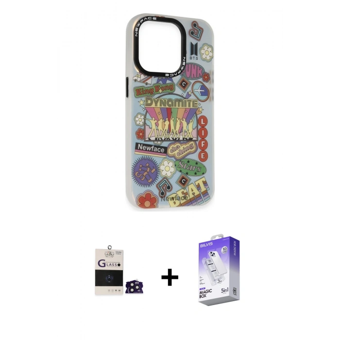 MARSİLYAN™- iPhone 14 Pro Max Kılıf Siluet Çizgi Koleksiyonu - Siyah Bilvis 5in1 3D Magic Cam Ekran Koruyucu + Bilvis Titan Kamera Lens - DNMR