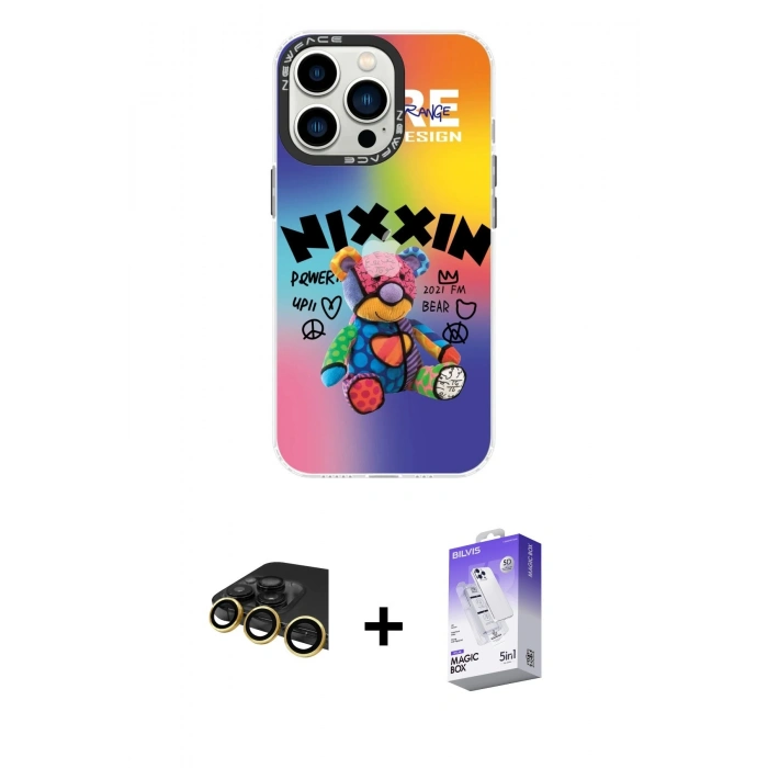 MARSİLYAN™- iPhone 14 Pro Max Kılıf Siluet Çizgi Koleksiyonu - Siyah Bilvis 5in1 3D Magic Cam Ekran Koruyucu + Raze Metal Kamera Lens - GD
