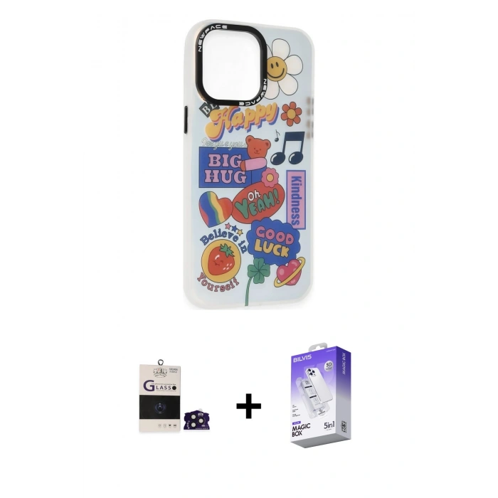 MARSİLYAN™- iPhone 14 Pro Max Kılıf Siluet Çizgi Koleksiyonu - Siyah Bilvis 5in1 3D Magic Cam Ekran Koruyucu + Bilvis Titan Kamera Lens - DNMR
