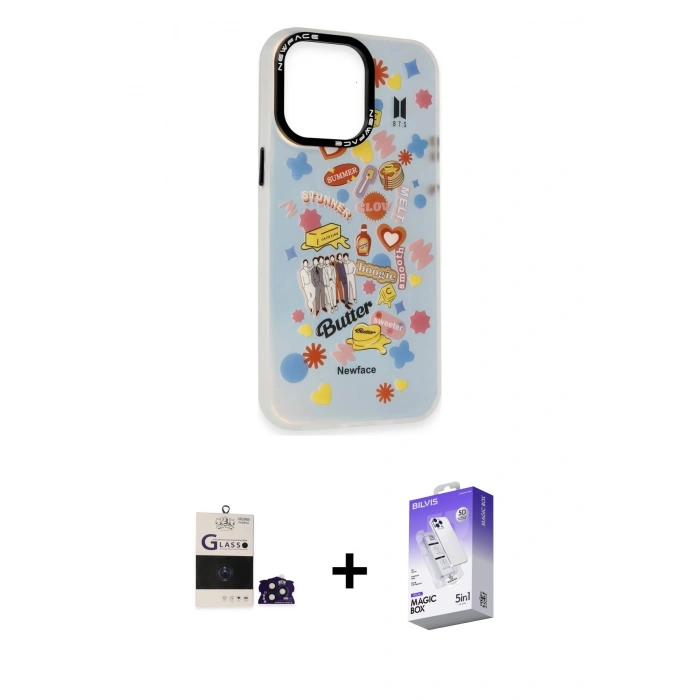MARSİLYAN™- iPhone 14 Pro Max Kılıf Siluet Çizgi Koleksiyonu - Siyah Bilvis 5in1 3D Magic Cam Ekran Koruyucu + Bilvis Titan Kamera Lens - DNMR