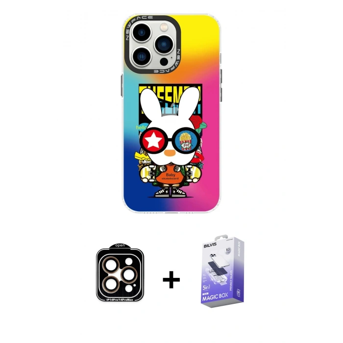MARSİLYAN™- iPhone 14 Pro Max Kılıf Siluet Çizgi Koleksiyonu - Siyah Bilvis 5in1 5D Magic Hayalet Cam Ekran Koruyucu + PVD Metal Kamera Lens - TU