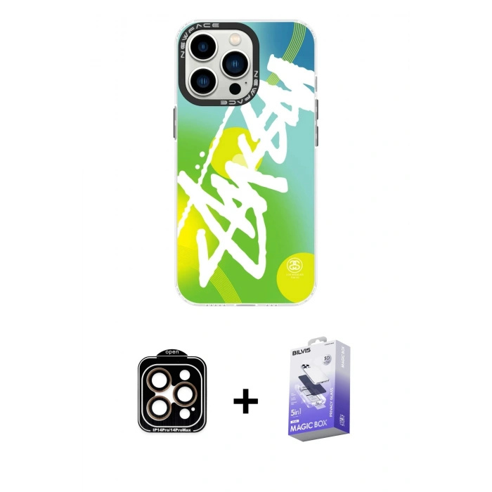 MARSİLYAN™- iPhone 14 Pro Max Kılıf Siluet Çizgi Koleksiyonu - Siyah Bilvis 5in1 5D Magic Hayalet Cam Ekran Koruyucu + PVD Metal Kamera Lens - TU
