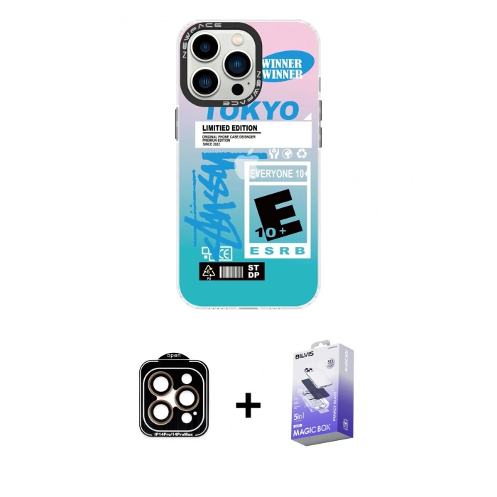 MARSİLYAN™- iPhone 14 Pro Max Kılıf Siluet Çizgi Koleksiyonu - Siyah Bilvis 5in1 5D Magic Hayalet Cam Ekran Koruyucu + PVD Metal Kamera Lens - TU