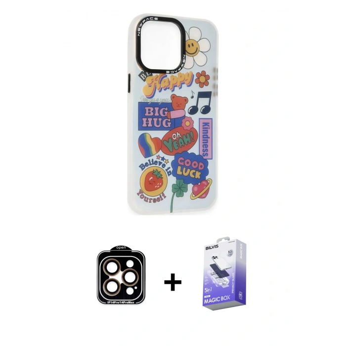 MARSİLYAN™- iPhone 14 Pro Max Kılıf Siluet Çizgi Koleksiyonu - Siyah Bilvis 5in1 5D Magic Hayalet Cam Ekran Koruyucu + PVD Metal Kamera Lens - TU