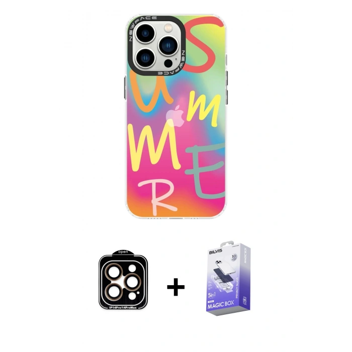 MARSİLYAN™- iPhone 14 Pro Max Kılıf Siluet Çizgi Koleksiyonu - Siyah Bilvis 5in1 5D Magic Hayalet Cam Ekran Koruyucu + PVD Metal Kamera Lens - TU