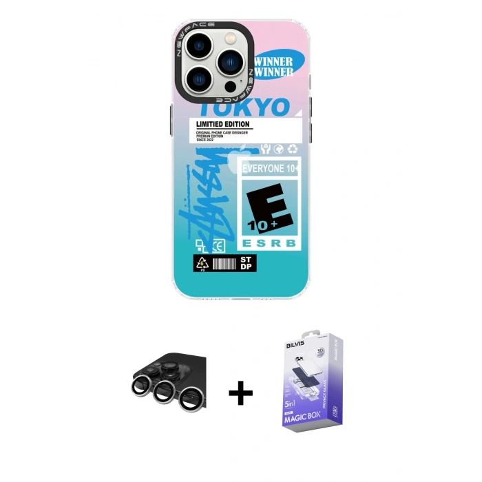 MARSİLYAN™- iPhone 14 Pro Max Kılıf Siluet Çizgi Koleksiyonu - Siyah Bilvis 5in1 5D Magic Hayalet Cam Ekran Koruyucu + Raze Metal Kamera Lens - GS