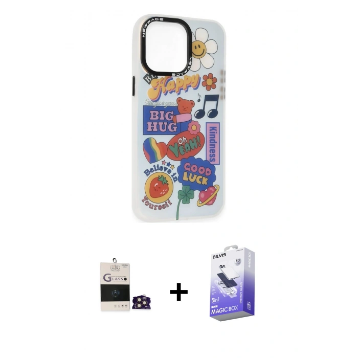 MARSİLYAN™- iPhone 14 Pro Max Kılıf Siluet Çizgi Koleksiyonu - Siyah Bilvis 5in1 5D Magic Hayalet Cam Ekran Koruyucu + Bilvis Titan Kamera Lens - GD