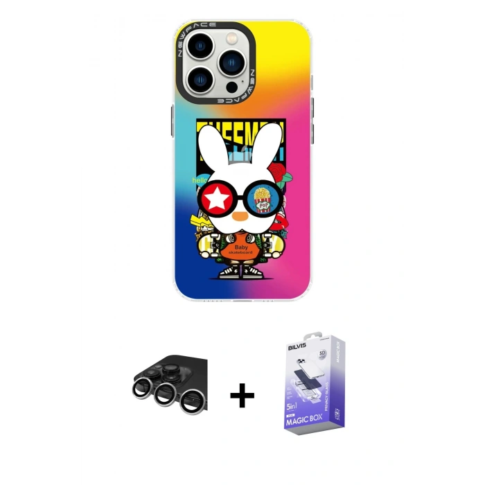 MARSİLYAN™- iPhone 14 Pro Max Kılıf Siluet Çizgi Koleksiyonu - Siyah Bilvis 5in1 5D Magic Hayalet Cam Ekran Koruyucu + Raze Metal Kamera Lens - GS