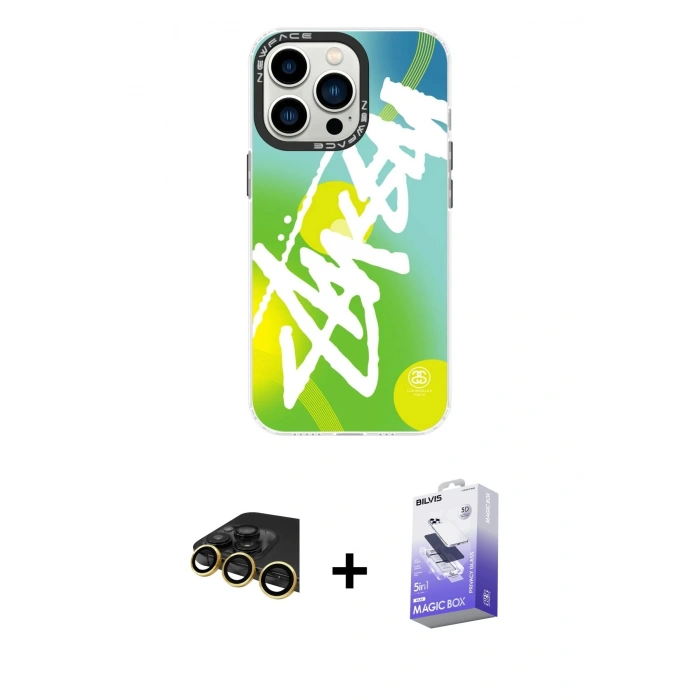 MARSİLYAN™- iPhone 14 Pro Max Kılıf Siluet Çizgi Koleksiyonu - Siyah Bilvis 5in1 5D Magic Hayalet Cam Ekran Koruyucu + Raze Metal Kamera Lens - GD
