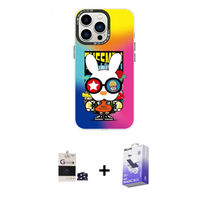 MARSİLYAN™- iPhone 14 Pro Max Kılıf Siluet Çizgi Koleksiyonu - Siyah Bilvis 5in1 5D Magic Hayalet Cam Ekran Koruyucu + Derin Mor Bilvis Titan Kamera Lens