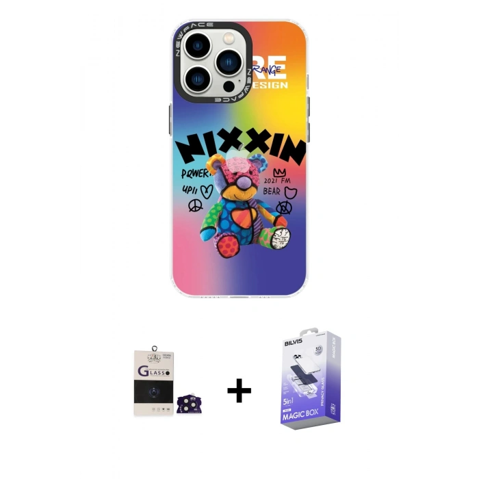 MARSİLYAN™- iPhone 14 Pro Max Kılıf Siluet Çizgi Koleksiyonu - Siyah Bilvis 5in1 5D Magic Hayalet Cam Ekran Koruyucu + Derin Mor Bilvis Titan Kamera Lens