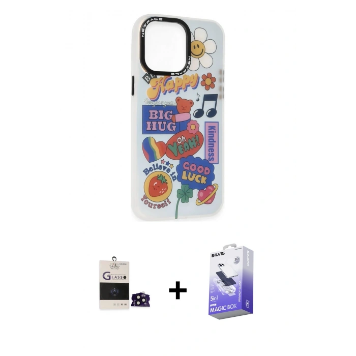 MARSİLYAN™- iPhone 14 Pro Max Kılıf Siluet Çizgi Koleksiyonu - Siyah Bilvis 5in1 5D Magic Hayalet Cam Ekran Koruyucu + Bilvis Titan Kamera Lens - SH