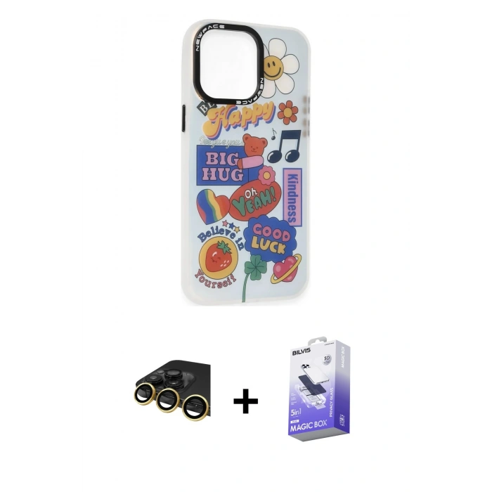 MARSİLYAN™- iPhone 14 Pro Max Kılıf Siluet Çizgi Koleksiyonu - Siyah Bilvis 5in1 5D Magic Hayalet Cam Ekran Koruyucu + Raze Metal Kamera Lens - GD