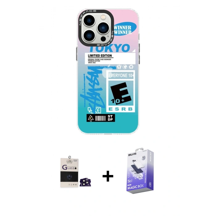 MARSİLYAN™- iPhone 14 Pro Max Kılıf Siluet Çizgi Koleksiyonu - Siyah Bilvis 5in1 5D Magic Hayalet Cam Ekran Koruyucu + Derin Mor Bilvis Titan Kamera Lens