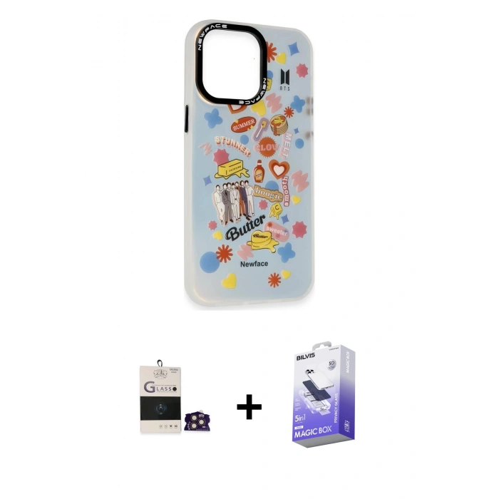MARSİLYAN™- iPhone 14 Pro Max Kılıf Siluet Çizgi Koleksiyonu - Siyah Bilvis 5in1 5D Magic Hayalet Cam Ekran Koruyucu + Bilvis Titan Kamera Lens - GD