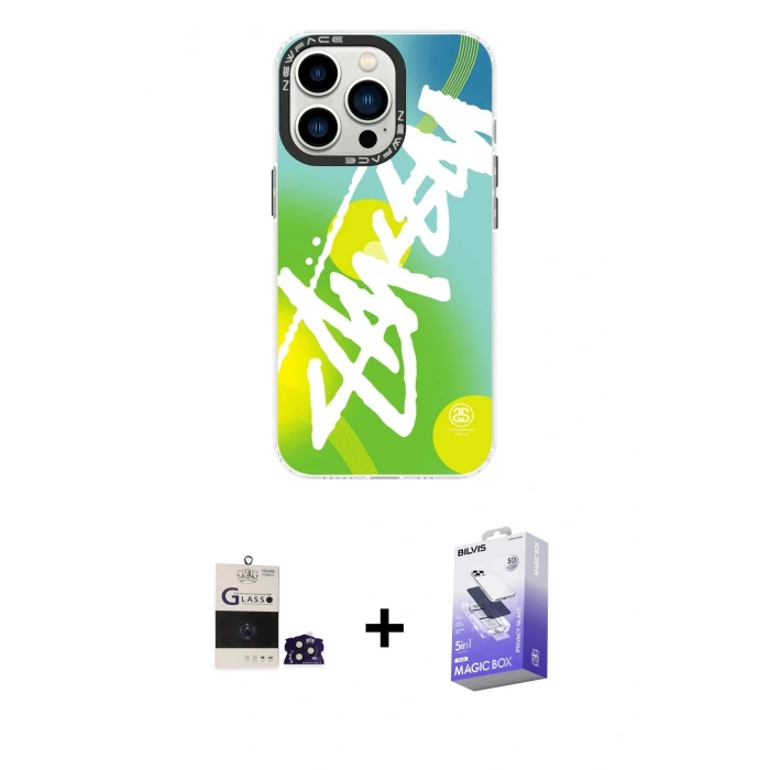 MARSİLYAN™- iPhone 14 Pro Max Kılıf Siluet Çizgi Koleksiyonu - Siyah Bilvis 5in1 5D Magic Hayalet Cam Ekran Koruyucu + Derin Mor Bilvis Titan Kamera Lens