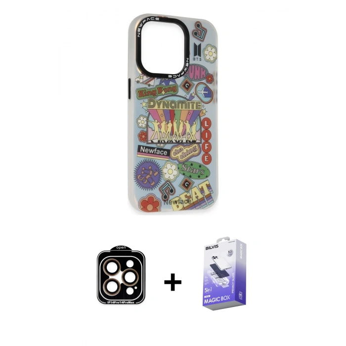 MARSİLYAN™- iPhone 14 Pro Max Kılıf Siluet Çizgi Koleksiyonu - Siyah Bilvis 5in1 5D Magic Hayalet Cam Ekran Koruyucu + PVD Metal Kamera Lens - TU
