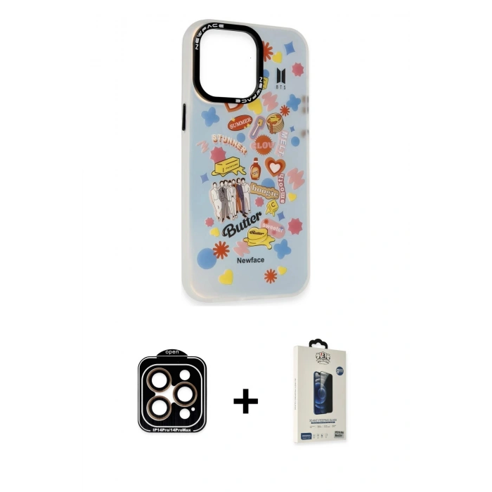 MARSİLYAN™- iPhone 14 Pro Max Kılıf Siluet Çizgi Koleksiyonu - Siyah Bilvis Hayalet Cam Ekran Koruyucu + PVD Metal Kamera Lens - TU