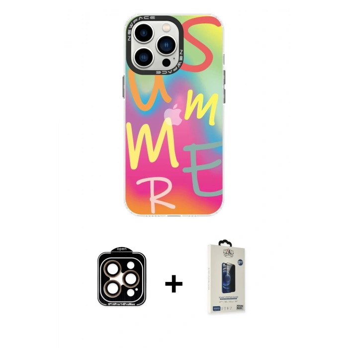 MARSİLYAN™- iPhone 14 Pro Max Kılıf Siluet Çizgi Koleksiyonu - Siyah Bilvis Hayalet Cam Ekran Koruyucu + PVD Metal Kamera Lens - TU