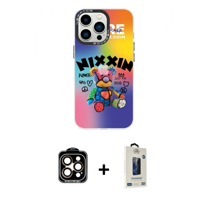 MARSİLYAN™- iPhone 14 Pro Max Kılıf Siluet Çizgi Koleksiyonu - Siyah Bilvis Hayalet Cam Ekran Koruyucu + PVD Metal Kamera Lens - TU