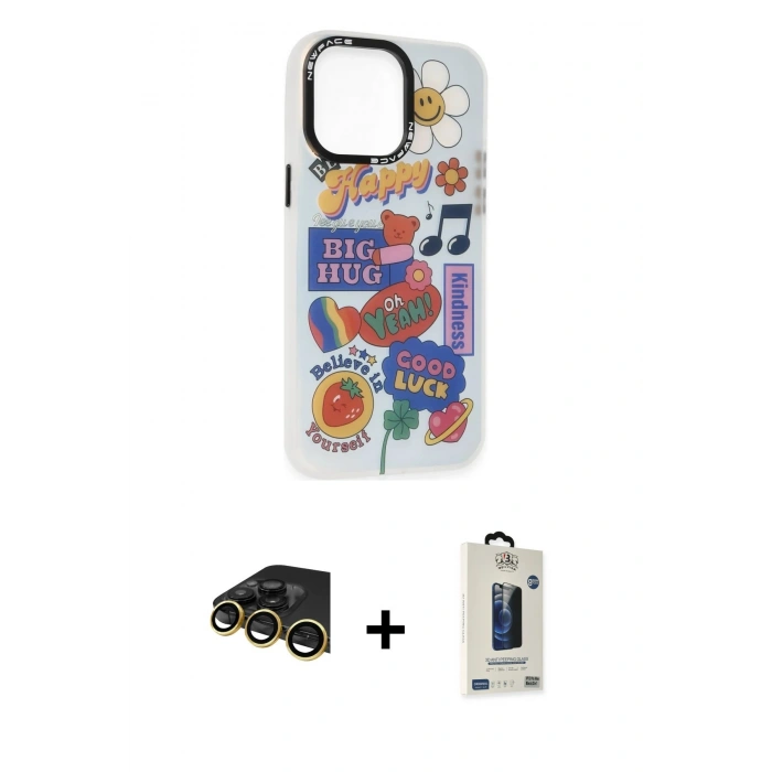MARSİLYAN™- iPhone 14 Pro Max Kılıf Siluet Çizgi Koleksiyonu - Siyah Bilvis Hayalet Cam Ekran Koruyucu + Raze Metal Kamera Lens - GD